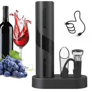 Electric Wine Bottle Opener Set Rechargeable Wine Corkscrew Cordless Wine Opener Gift Set with Charging Base, Foil Cutter, Wine Aerator Pourer and Vacuum Wine Stopper, Black Electric Wine Bottle Opener Set Rechargeable Wine Corkscrew Cordless Wine Opener Gift Set with Charging Base, Foil Cutter, Wine Aerator Pourer and Vacuum Wine Stopper, Black