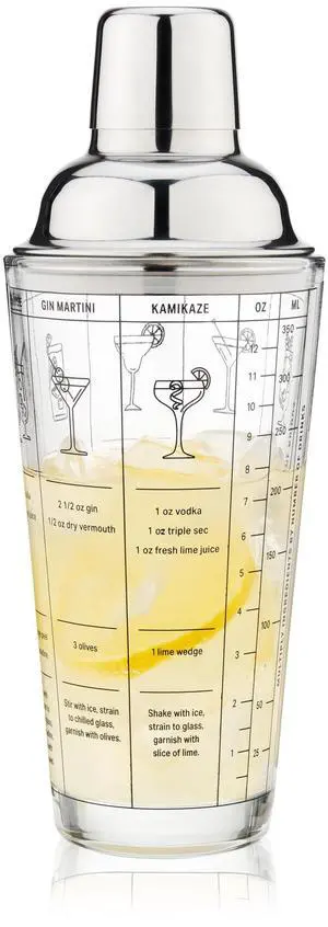 Glass Cocktail Shaker with 7 Classic Recipes and Measurements for Cold Brew Cocktails, Home Bar Accessories, Bar Tools, Bartender Gifts, Hosting Essentials, 13.5 oz, Set of 1, Clear Glass Cocktail Shaker with 7 Classic Recipes and Measurements for Cold Brew Cocktails, Home Bar Accessories, Bar Tools, Bartender Gifts, Hosting Essentials, 13.5 oz, Set of 1, Clear
