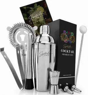 Cocktail Shaker Set SignatureHour 24 oz Stainless Steel 9-Piece Bartender Kit Jigger, Strainer, Spoon, Muddler, Pourers & Recipe Book Gift for Birthdays, Christmas & Housewarmings Cocktail Shaker Set SignatureHour 24 oz Stainless Steel 9-Piece Bartender Kit Jigger, Strainer, Spoon, Muddler, Pourers & Recipe Book Gift for Birthdays, Christmas & Housewarmings