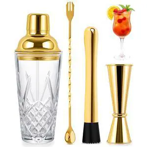 Glass Cocktail Shaker Set with Gold Lid,Cocktail Shaker Glass Kit with Built-in Strainer, Jigger, Bar Spoon & Muddler, Leakproof Glass Shaker for Home Bar, Cocktails, Martini, Gift(4-Piece) Glass Cocktail Shaker Set with Gold Lid,Cocktail Shaker Glass Kit with Built-in Strainer, Jigger, Bar Spoon & Muddler, Leakproof Glass Shaker for Home Bar, Cocktails, Martini, Gift(4-Piece)