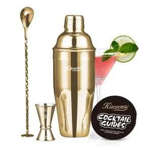 Cocktail Shaker Set, Stainless Steel Bartending Kit with 25 Ounce Cocktail Shaker with Built in Drink Strainer, Measuring Jigger, Mixing Spoon & Drink Recipe Guide, Gold Cocktail Shaker Set, Stainless Steel Bartending Kit with 25 Ounce Cocktail Shaker with Built in Drink Strainer, Measuring Jigger, Mixing Spoon & Drink Recipe Guide, Gold