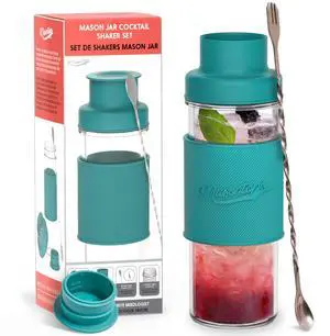 Cocktail Shaker Set Glass Mason Jar Drink Shaker 4 PC Set with Metal Swizzle Stick - Teal Cocktail Shaker Set Glass Mason Jar Drink Shaker 4 PC Set with Metal Swizzle Stick - Teal