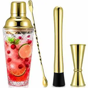4 Pcs Cocktail Shaker, Martini Shaker Set, Glass Gold Bartender Kit with Measuring Jigger, Mixing Spoon, and Muddler, Professional Margarita Mixer for Home Bar 4 Pcs Cocktail Shaker, Martini Shaker Set, Glass Gold Bartender Kit with Measuring Jigger, Mixing Spoon, and Muddler, Professional Margarita Mixer for Home Bar