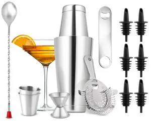 Mixology Bartender Cocktail Shaker Set - Includes 15 & 30 oz Stainless Steel Shakers, 6 Bottle Pourers & More - Essential Martini Making Kit - Drink Mixing Set - 15 Piece Cocktail Bar Set Mixology Bartender Cocktail Shaker Set - Includes 15 & 30 oz Stainless Steel Shakers, 6 Bottle Pourers & More - Essential Martini Making Kit - Drink Mixing Set - 15 Piece Cocktail Bar Set