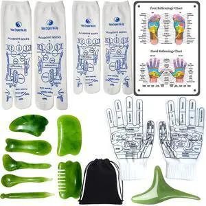 Reflexology Socks and Gloves Set with 8 Jade Massage Tools, 16 Pcs Acupressure Foot Massage Socks for Women & Men, Professional Foot Relief Massager Kit with Reflexology Chart & Bag Reflexology Socks and Gloves Set with 8 Jade Massage Tools, 16 Pcs Acupressure Foot Massage Socks for Women & Men, Professional Foot Relief Massager Kit with Reflexology Chart & Bag