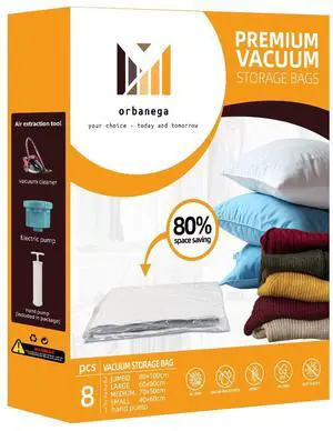 Vacuum Storage Bags,8 pack with Hand Pump .(2 Jumbo,2 Large,2 Medium,2 Small) Space Saving solution for Storage,Travel,Moving purposes. Vacuum Storage Bags,8 pack with Hand Pump .(2 Jumbo,2 Large,2 Medium,2 Small) Space Saving solution for Storage,Travel,Moving purposes.