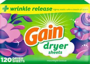 Gain dryer sheets Plus Wrinkle Release, Moonlight Breeze Scent, 120 Count, Fights static with a touch of scent, laundry sheets Gain dryer sheets Plus Wrinkle Release, Moonlight Breeze Scent, 120 Count, Fights static with a touch of scent, laundry sheets