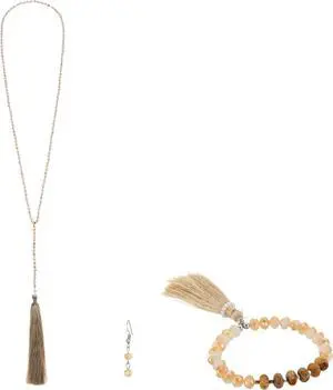 Beaded & Tassel Three-Piece Jewelry Set Light Brown One Size Beaded & Tassel Three-Piece Jewelry Set Light Brown One Size
