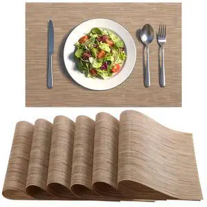 Placemats Set of 6, Heat Resistant Non-Slip Place Mats, Durable Washable PVC Vinyl Woven Table Mats, Linen Textured Table Placemats for Dining Kitchen Resistant Easy to Clean(Brown) Placemats Set of 6, Heat Resistant Non-Slip Place Mats, Durable Washable PVC Vinyl Woven Table Mats, Linen Textured Table Placemats for Dining Kitchen Resistant Easy to Clean(Brown)