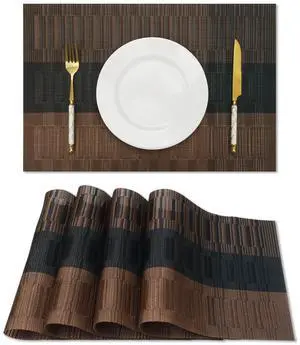 Brown Black Placemats Set of 4 Washable Place Mats Vinyl Woven Table Mats Wipeable Placemat for Kitchen Dining Table Decoration Indoor Outdoor Brown Black Placemats Set of 4 Washable Place Mats Vinyl Woven Table Mats Wipeable Placemat for Kitchen Dining Table Decoration Indoor Outdoor