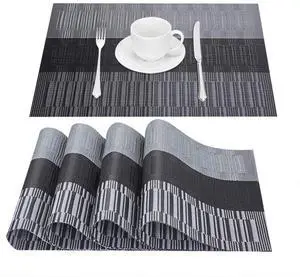 Placemats Set of 4, Heat-Resistant Woven Vinyl Placemat, Non-Slip Washable PVC Table Mat, Easy to Clean Premium Plastic Mats for Dining, Kitchen Table (Black+Gray) Placemats Set of 4, Heat-Resistant Woven Vinyl Placemat, Non-Slip Washable PVC Table Mat, Easy to Clean Premium Plastic Mats for Dining, Kitchen Table (Black+Gray)