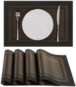 Woven Vinyl Placemats Set of 4 Wipe Clean Place Mats for Dining Table Heat Resistant PVC Weave Table Mats Indoor Outdoor (4, Frame Black Gold) Woven Vinyl Placemats Set of 4 Wipe Clean Place Mats for Dining Table Heat Resistant PVC Weave Table Mats Indoor Outdoor (4, Frame Black Gold)