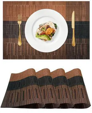 Bamboo Basket Woven Placemats Set of 4 Anti-Slip Table Mat | Attractive,Easy-to-Clean,Woven, Non-Slip, Vinyl Material,Table Mat, Indoor/Outdoor Dining Table Decoration(4, Brown Black) Bamboo Basket Woven Placemats Set of 4 Anti-Slip Table Mat | Attractive,Easy-to-Clean,Woven, Non-Slip, Vinyl Material,Table Mat, Indoor/Outdoor Dining Table Decoration(4, Brown Black)