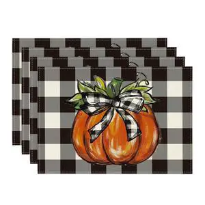 Buffalo Plaid Pumpkin Fall Placemats Set of 4, 12x18 Inch Seasonal Autumn Table Mats for Party Kitchen Dining Decoration | Heat-Resistant Table Mats, Buffalo Plaid Pumpkin Fall Placemats Set of 4, 12x18 Inch Seasonal Autumn Table Mats for Party Kitchen Dining Decoration | Heat-Resistant Table Mats,