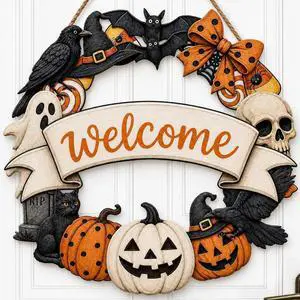 Halloween Welcome Wreath for Front Door Wooden Pumpkin Ghost Door Decor | Farmhouse Skull & Black Cat Wreath with Welcome Sign for Porch Mantel Wall Home Decoration Indoor Outdoor 12x12 Inch Halloween Welcome Wreath for Front Door Wooden Pumpkin Ghost Door Decor | Farmhouse Skull & Black Cat Wreath with Welcome Sign for Porch Mantel Wall Home Decoration Indoor Outdoor 12x12 Inch