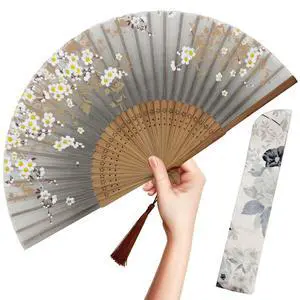 Folding Hand Fan for Women - Foldable Chinese Japanese Vintage Bamboo Silk Fan - for Hot Flash, Church, EDM, Music Festival, Party, Dance, Performance, Decoration, Gift (Gray Sakura) Folding Hand Fan for Women - Foldable Chinese Japanese Vintage Bamboo Silk Fan - for Hot Flash, Church, EDM, Music Festival, Party, Dance, Performance, Decoration, Gift (Gray Sakura)