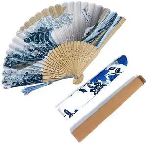 Japanese Design Fan Hand Portable Bamboo Fans Frames for Dancing Silk Bamboo Cosplay Wedding Party Decoration Sea Waves (Multicoloured, Medium) Japanese Design Fan Hand Portable Bamboo Fans Frames for Dancing Silk Bamboo Cosplay Wedding Party Decoration Sea Waves (Multicoloured, Medium)