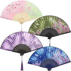 4 Pack Folding Fans Handheld Silk Fans | Bamboo Fans with Tassel, Lightweight Foldable Festival Gift, Wedding Supplies, Party Decor, Photo Props, Wall Ornament 4 Pack Folding Fans Handheld Silk Fans | Bamboo Fans with Tassel, Lightweight Foldable Festival Gift, Wedding Supplies, Party Decor, Photo Props, Wall Ornament