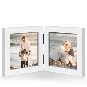 4x4 Square Double Picture Frame, White Clean-Lined Wood Frame | Foldable hinged design, holds two 4 x 4 photos, 3.5x3.5 visible openings for tabletop or wall display 4x4 Square Double Picture Frame, White Clean-Lined Wood Frame | Foldable hinged design, holds two 4 x 4 photos, 3.5x3.5 visible openings for tabletop or wall display