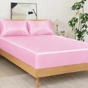 3 Pcs Satin Fitted Sheet Set Queen Pink 15 Inch Deep Pocket | Elastic Corner Straps For Snug Fit, Gentle on Hair And Skin, All-Season Comfort, Fade-Resistant Finish, Machine Washable 3 Pcs Satin Fitted Sheet Set Queen Pink 15 Inch Deep Pocket | Elastic Corner Straps For Snug Fit, Gentle on Hair And Skin, All-Season Comfort, Fade-Resistant Finish, Machine Washable