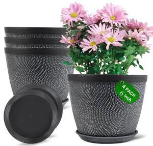 4 Pack 6 Inch Flower Pots,Plastic Plant Pots with Drainage Hole&Tray | Modern Decorative Garden Pot with Saucer, planters for Outdoor Indoor House (Gray) 4 Pack 6 Inch Flower Pots,Plastic Plant Pots with Drainage Hole&Tray | Modern Decorative Garden Pot with Saucer, planters for Outdoor Indoor House (Gray)