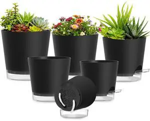 Plant Pots 4/5/5.5/6/6.5/7 Inch Self Watering Pots, 6 Pack Plastic Planters with Drainage Holes and Clear Saucers,Plastic Flower Pots,Nursery Planting Pot for Indoor Out Door Plants(Black) Plant Pots 4/5/5.5/6/6.5/7 Inch Self Watering Pots, 6 Pack Plastic Planters with Drainage Holes and Clear Saucers,Plastic Flower Pots,Nursery Planting Pot for Indoor Out Door Plants(Black)