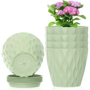 4 inch Small Plastic Nursery Pots, 5 Pack Water Ripples Plant Pots for Indoor Plants, Flower Pots with Drainage Holes and Saucers, Seeding Starter Planters for Decorative, Green 4 inch Small Plastic Nursery Pots, 5 Pack Water Ripples Plant Pots for Indoor Plants, Flower Pots with Drainage Holes and Saucers, Seeding Starter Planters for Decorative, Green