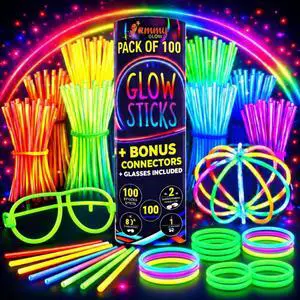 Glow Sticks (205 Pcs Kit) Bulk Party Pack-100 Pack Glow Sticks with Connectors & Glasses- Party Favors for Kids 8-12- Neon Glow in The Dark Party Supplies for Birthdays & Events Glow Sticks (205 Pcs Kit) Bulk Party Pack-100 Pack Glow Sticks with Connectors & Glasses- Party Favors for Kids 8-12- Neon Glow in The Dark Party Supplies for Birthdays & Events