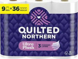 Ultra Plush Toilet Paper, 9 Mega Rolls = 36 Regular Rolls, 3X Thicker*, 3 Ply Soft Toilet Tissue Ultra Plush Toilet Paper, 9 Mega Rolls = 36 Regular Rolls, 3X Thicker*, 3 Ply Soft Toilet Tissue