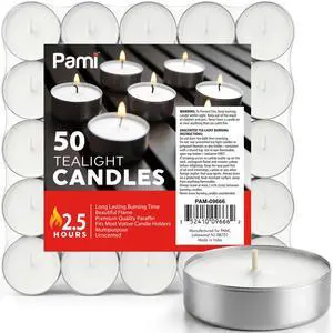 Tealight Candles,Unscented,Paraffin Wax,2.5 Hour Burn Time,Round,50 Tealight Candles,Unscented,Paraffin Wax,2.5 Hour Burn Time,Round,50