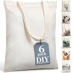 Canvas Tote Bag, 6 Pack DIY Reusable Grocery Bags | Gift, Shopping, Work, Plain Lightweight, Easy to Carry, Beige, 15.7 x 13 in Canvas Tote Bag, 6 Pack DIY Reusable Grocery Bags | Gift, Shopping, Work, Plain Lightweight, Easy to Carry, Beige, 15.7 x 13 in