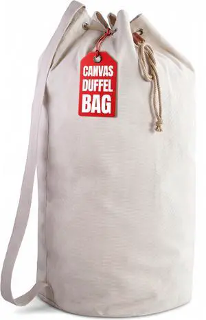 Canvas Duffel Bag - Drawstring, Leather Closure, Shoulder Strap Canvas Duffel Bag - Drawstring, Leather Closure, Shoulder Strap