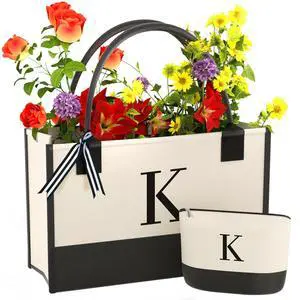 Monogrammed Canvas Tote Bag with Zipper Pockets - Ideal Gift for Mom, Teacher, Sister Monogrammed Canvas Tote Bag with Zipper Pockets - Ideal Gift for Mom, Teacher, Sister