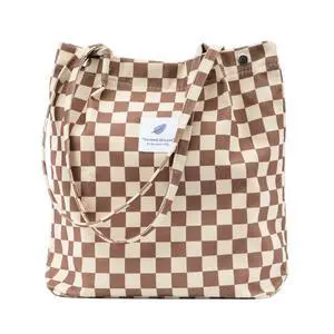 Cute Corduroy Tote Bag Canvas Shoulder Handbags for Women Travel Shopping (Checkered Brown) Cute Corduroy Tote Bag Canvas Shoulder Handbags for Women Travel Shopping (Checkered Brown)