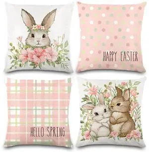 4 Pack Easter Spring Pillow Covers, 18x18in Buffalo Plaid Farmhouse Rabbit Bunny Flower Easter Throw Pillows, Couch Decor 4 Pack Easter Spring Pillow Covers, 18x18in Buffalo Plaid Farmhouse Rabbit Bunny Flower Easter Throw Pillows, Couch Decor