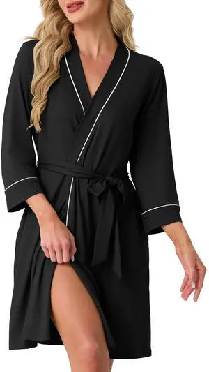 Womens Robe Knee Length Soft Knit Bathrobe Black-M | V-Neck 3/4 Sleeve Robes with Pockets, Lightweight, Breathable Bath Robe for Shower, Spa, Travel, Home, Party, Nursing Womens Robe Knee Length Soft Knit Bathrobe Black-M | V-Neck 3/4 Sleeve Robes with Pockets, Lightweight, Breathable Bath Robe for Shower, Spa, Travel, Home, Party, Nursing