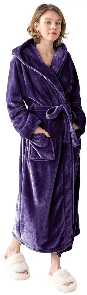 Robes for Women - Hooded Plush Fleece Bathrobe with Sash & Pockets, Full-Length Lightweight Spa Robe, Warm Silky Soft, Purple, L Robes for Women - Hooded Plush Fleece Bathrobe with Sash & Pockets, Full-Length Lightweight Spa Robe, Warm Silky Soft, Purple, L