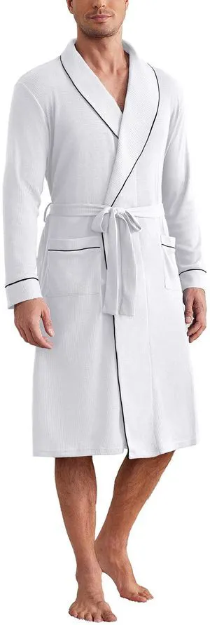 Mens Robes Lightweight Waffle Knit Kimono Bathrobe Long Sleeve Sleepwear Soft Knee Length Robe with Pockets White X-Large Mens Robes Lightweight Waffle Knit Kimono Bathrobe Long Sleeve Sleepwear Soft Knee Length Robe with Pockets White X-Large