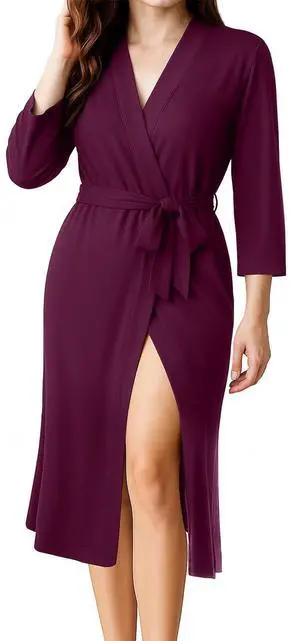 Cotton Blend Knit Robe for Women 3/4 Sleeves Kimono Bathrobe, S, Purple Red Cotton Blend Knit Robe for Women 3/4 Sleeves Kimono Bathrobe, S, Purple Red