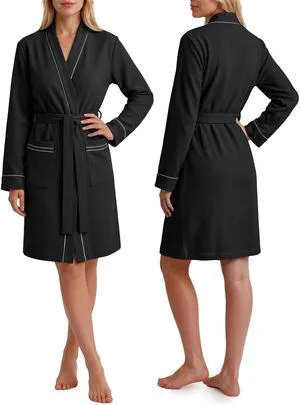 Cotton Blend Lightweight Waffle Robe for Women Knee-Length Soft Bathrobe, Medium, Black Cotton Blend Lightweight Waffle Robe for Women Knee-Length Soft Bathrobe, Medium, Black