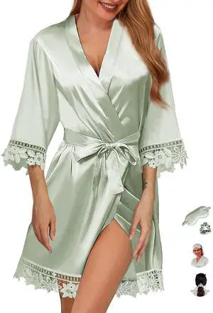 3Pcs Womens Satin Robes for Bride Bridesmaid Silk Bathrobes Silky Kimono Robe for Wedding Party Loungewear Lace Sleepwear 3Pcs Womens Satin Robes for Bride Bridesmaid Silk Bathrobes Silky Kimono Robe for Wedding Party Loungewear Lace Sleepwear