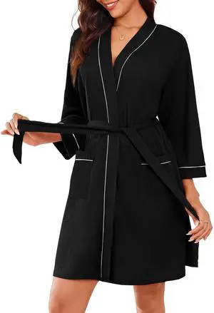 Women Robes Waffle Knee Length Bathrobe Lightweight Soft Sleepwear V neck 3/4 Sleeve Casual Ladies Loungewear Black S Women Robes Waffle Knee Length Bathrobe Lightweight Soft Sleepwear V neck 3/4 Sleeve Casual Ladies Loungewear Black S