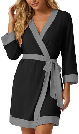 Womens Short Robes Summer Lightweight Bathrobe | Knee Length Lounge Robe, 3/4 Sleeve Bathrobes, Breathable and Stretchy Fabric, Soft Sleepwear Womens Short Robes Summer Lightweight Bathrobe | Knee Length Lounge Robe, 3/4 Sleeve Bathrobes, Breathable and Stretchy Fabric, Soft Sleepwear