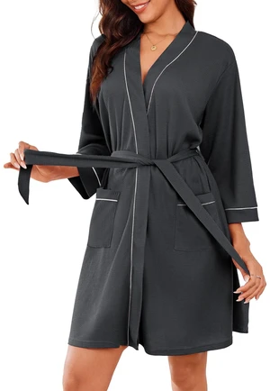 Robes for Women Waffle Knee Length Bathrobe Lightweight Soft Sleepwear V neck 3/4 Casual Ladies Loungewear Grey S Robes for Women Waffle Knee Length Bathrobe Lightweight Soft Sleepwear V neck 3/4 Casual Ladies Loungewear Grey S
