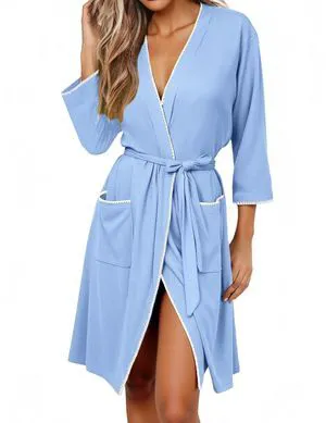 Robes for Women Ribbed Knit Bathrobe Soft Lightweight Knee Length Kimono Robe Ladies Sleepwear with Pockets Robes for Women Ribbed Knit Bathrobe Soft Lightweight Knee Length Kimono Robe Ladies Sleepwear with Pockets