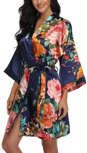 Floral Silk Robes for Women Kimono Satin Bath Robe Bridal Dressing Gown Bride Bridesmaids Lightweight Bathrobes Navy S-L Floral Silk Robes for Women Kimono Satin Bath Robe Bridal Dressing Gown Bride Bridesmaids Lightweight Bathrobes Navy S-L