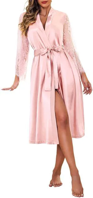 Women's Floral Lace Kimono Robe Long Sleeves Dressing Gown Bathrobe Bride Robe Nightwear Women's Floral Lace Kimono Robe Long Sleeves Dressing Gown Bathrobe Bride Robe Nightwear