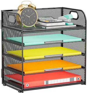 Paper Organizer Letter Tray with Handle, 5-Tier Black Stackable Desk Organizer with Metal Mesh, Sturdy Paper Tray for Office Desk, Home & Classroom Supplies Storage Paper Organizer Letter Tray with Handle, 5-Tier Black Stackable Desk Organizer with Metal Mesh, Sturdy Paper Tray for Office Desk, Home & Classroom Supplies Storage