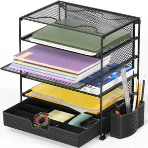 5-Tier Document File Tray with Sliding Drawer and Pen Bucket, Black 5-Tier Document File Tray with Sliding Drawer and Pen Bucket, Black