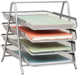 4-Tier Paper Tray, Desktop Organizer, File Storage, Office, Metal Mesh, 12"L x 13.75"W x 12.5"H, Silver 4-Tier Paper Tray, Desktop Organizer, File Storage, Office, Metal Mesh, 12"L x 13.75"W x 12.5"H, Silver